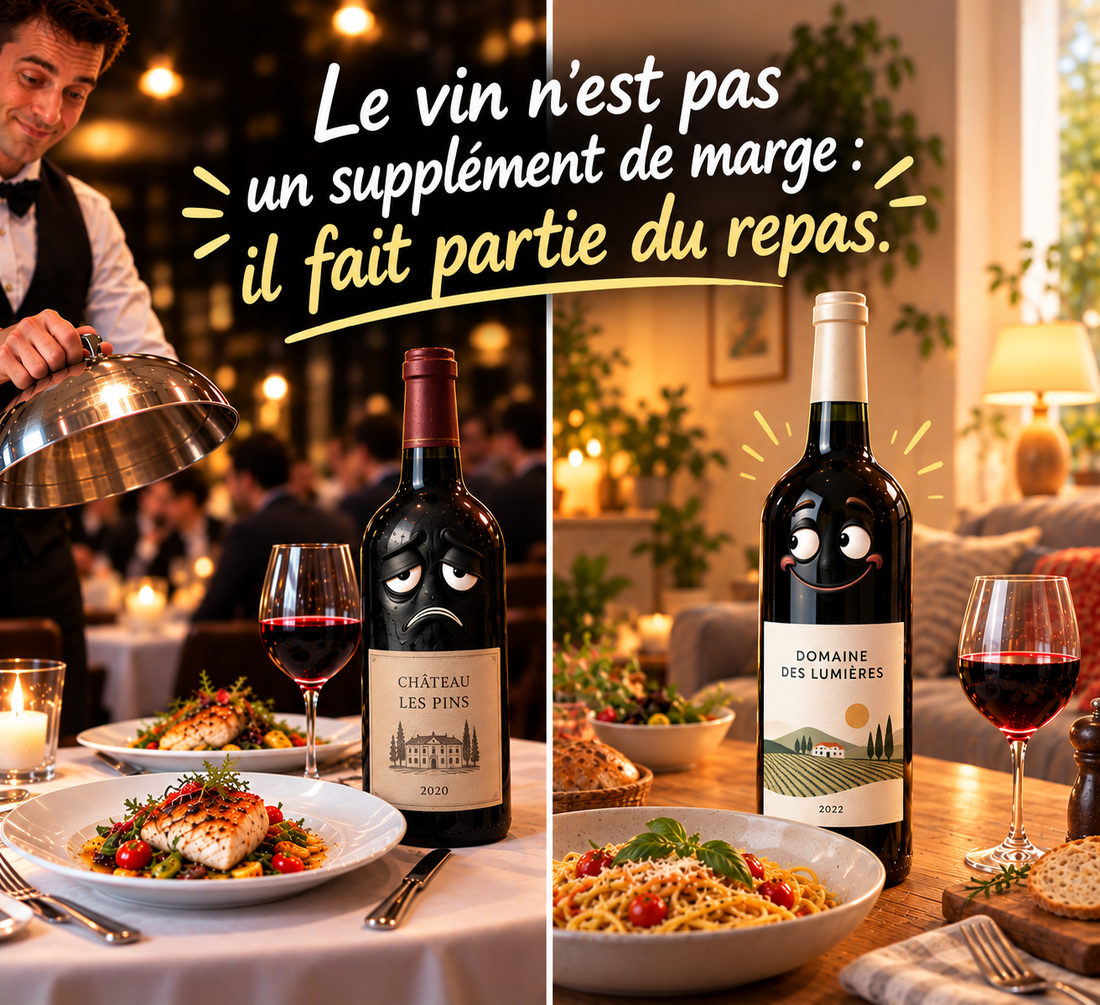 Illustration satirique : le vin fait partie du repas, au restaurant comme à la maison